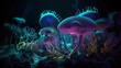 AI generated illustration of a variety of colorful jellies illuminated in a dark environment