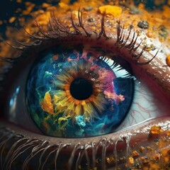 Sticker - AI-generated illustration of a macro human eye with a vibrant and colorful abstract paint design.