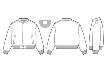 cropped racing bomber jacket flat technical drawing illustration mock-up template for design and tech packs men or unisex fashion CAD streetwear women workwear utility