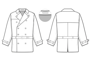 short trench coat jacket collared flat technical drawing illustration mock-up template for design and tech packs men or unisex fashion CAD streetwear women workwear utility