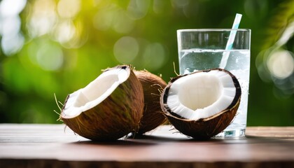 Sticker - A coconut and a glass of water on a table