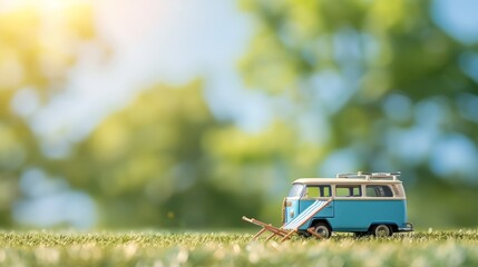 Wall Mural - Small hippie blue minivan on the beach on a sunny summer day with a sunbathing chair. Summer holiday concept at sea or ocean