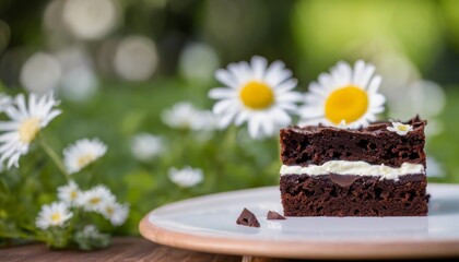 Poster - A slice of chocolate cake with white frosting and chocolate chips on a plate