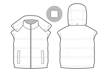 hooded puffer jacket vest flat technical drawing illustration mock-up template for design and tech packs men or unisex fashion CAD streetwear women workwear utility