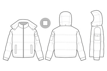 hooded puffer jacket collared flat technical drawing illustration mock-up template for design and tech packs men or unisex fashion CAD streetwear women workwear utility