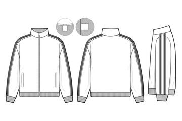 Zip track jacket collared flat technical drawing illustration mock-up template for design and tech packs men or unisex fashion CAD streetwear women workwear utility