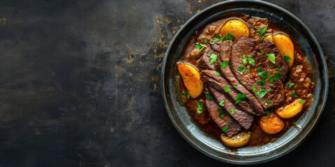 Wall Mural - Sauerbraten: German Marinated Pot Roast. Succulent slices of Sauerbraten in a rich gravy, garnished with rosemary, copy space.