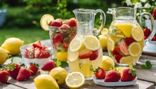 A table with strawberries and lemon slices, and pitchers of lemonade