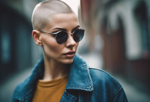Fashionable Urban Female With Buzz Cut Hairstyle And Sunglasses