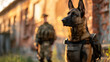 k-9 young german shepherd dog on duty stand beside trainer - AI Generated