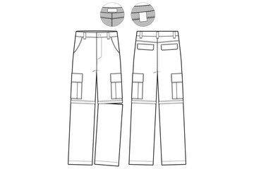 Wall Mural - convertible Leg Cargo Pants Flat Technical Drawing Illustration Five Pocket Classic Blank Streetwear Mock-up Template for Design and Tech Packs CAD Outdoor