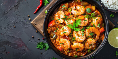 Wall Mural - Savory Jambalaya with Shrimp. Close-up of jambalaya, a classic Creole rice dish with shrimp and vegetables, copy space.