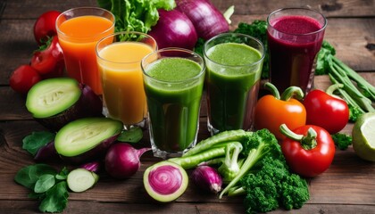 Sticker - A table full of fresh vegetables and fruit juices