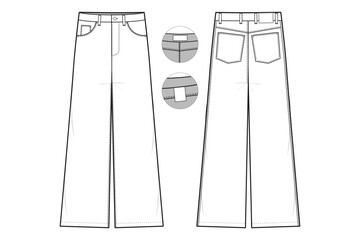 wide Leg loose fit Jeans Flat Technical Drawing Illustration Five Pocket Classic Blank Streetwear Mock-up Template for Design and Tech Packs CAD