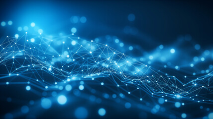 Wall Mural - Blue abstract background with a dynamic network grid and vibrant particles connected by beams of light, representing fast data transmission.