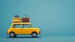 © Sunny - Cute little yellow car on a plain background with luggage on top. Vacation concept with copy space for your text