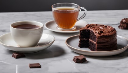 Canvas Print - A cup of coffee and a chocolate cake on a table