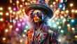 The image portrays a stylish figure with cosmic-themed sunglasses and a decorative hat, exuding a futuristic and eclectic vibe amidst a backdrop of vibrant bokeh lights.Fashion concept.AI generated.