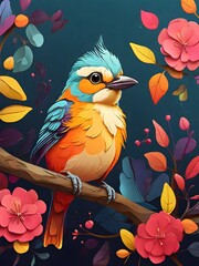 Wall Mural - A colorful bird created using kirigami style in a colorful tree background can use for birthday card, invitation card, book cover template