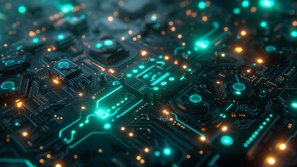 A digital landscape representing technological processes, with circuit-like patterns and glowing data streams.
