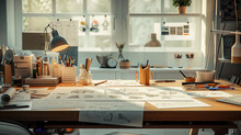 artist’s workspace with branding sketches and prototypes spread out on a table, accompanied by design tools, under soft, natural window light