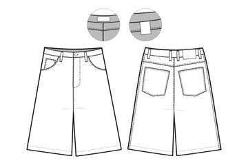 Jean Shorts Flat Technical Drawing Illustration Five Pocket Classic Blank Streetwear Mock-up Template for Design and Tech Packs CAD Denim loose baggy