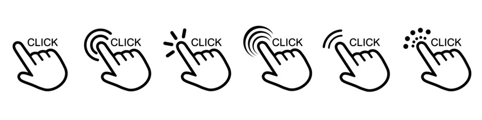 Fototapete - Hand click icon set, cursor set icons, click or press cursor set, pointer, click here, hand clicking, finger, touch screen, loading, progress – vector