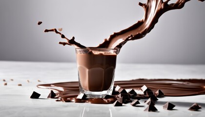 Poster - A glass of chocolate sauce is spilling onto a table