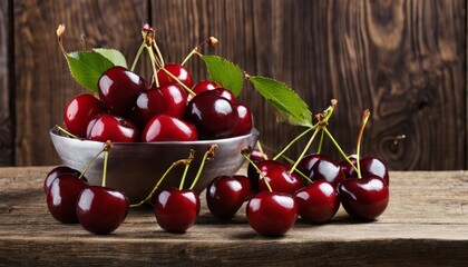 Poster - A bowl of cherries on a wooden table