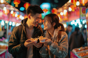 Wall Mural - A young Asian couple visited a famous local night market and tasted street food