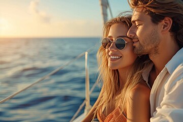 Wall Mural - A couple's love sets sail on a sun-kissed honeymoon, as they embrace in their boat with goggles and sunglasses reflecting the endless ocean and sky