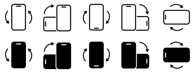 Rotate mobile phone icon set, turn phone around, device rotation with arrows, rotate smartphone - vector