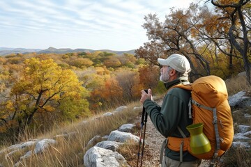 A lone hiker stands in awe of the vibrant autumn trees, his backpack and poles ready for a journey through the rugged mountain landscape