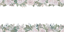 Watercolor Floral Seamless Border Of White Roses, Green Leaves, Lilac, Eucalyptus In A Pastel Color In Vintage Style For Wedding, Women's Day, Valentine's Day, Template, Clipart, Wallpaper, Scrapbook