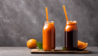 Wall Mural - Two glasses of orange juice with oranges and leaves