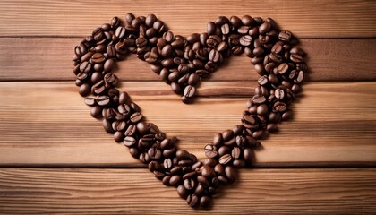 Wall Mural - A heart made of coffee beans on a wooden table