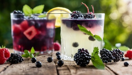 Wall Mural - A glass of raspberry lemonade with blackberries and blueberries