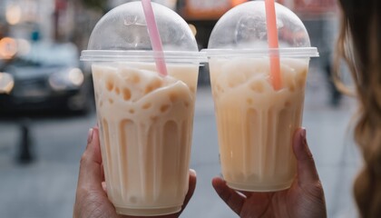 Sticker - Two plastic cups with straws filled with milk