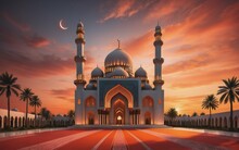 Mosque Landscape With Clear And Sunset Orange Sky, Perfect For Ramadhan Card Background