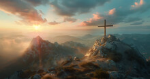 Christ Cross On A Mountain Top At Sunrise In