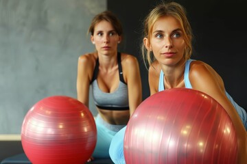 A vibrant group of determined women clad in red workout attire engage in a fun and challenging fitness routine, utilizing colorful exercise balls to strengthen their bodies and minds