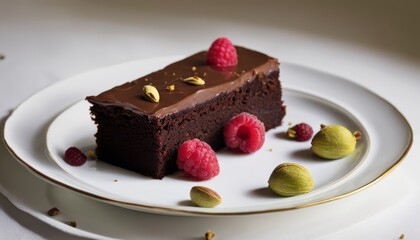 Sticker - A slice of chocolate cake with raspberries and pistachios on a white plate