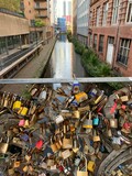 Fototapeta Most - Buch of locks on a bridge in Manchester, UK