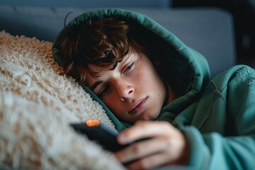 A sleepy teenager indulges in technology while taking a break from the chaos of everyday life, with a cozy blanket and tousled hair adding to the comfortable atmosphere