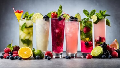 Canvas Print - A row of six different colored drinks with fruit garnishes