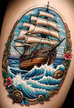 A Close Up On A Marine Theme Sailing Ship Tattoo On An Upper Arm.generative Ai