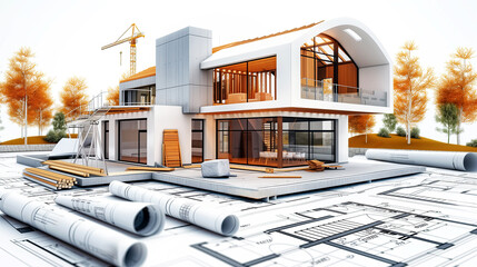 Building house on blueprints - construction project of a modern house