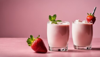 Poster - Two glasses of pink milkshake with strawberries on a pink table