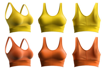 2 Set of yellow orange mustard, front back side view, sports exercise bra tank crop top on transparent background cutout, PNG file. Mockup template for artwork graphic design