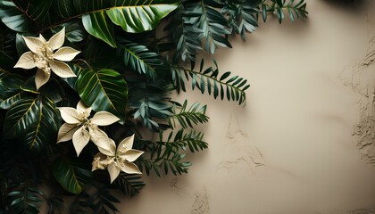 Wall Mural - foliage on neutral background top view for mockup use. foliage isolated on a background. plants and flowers on background flat lay